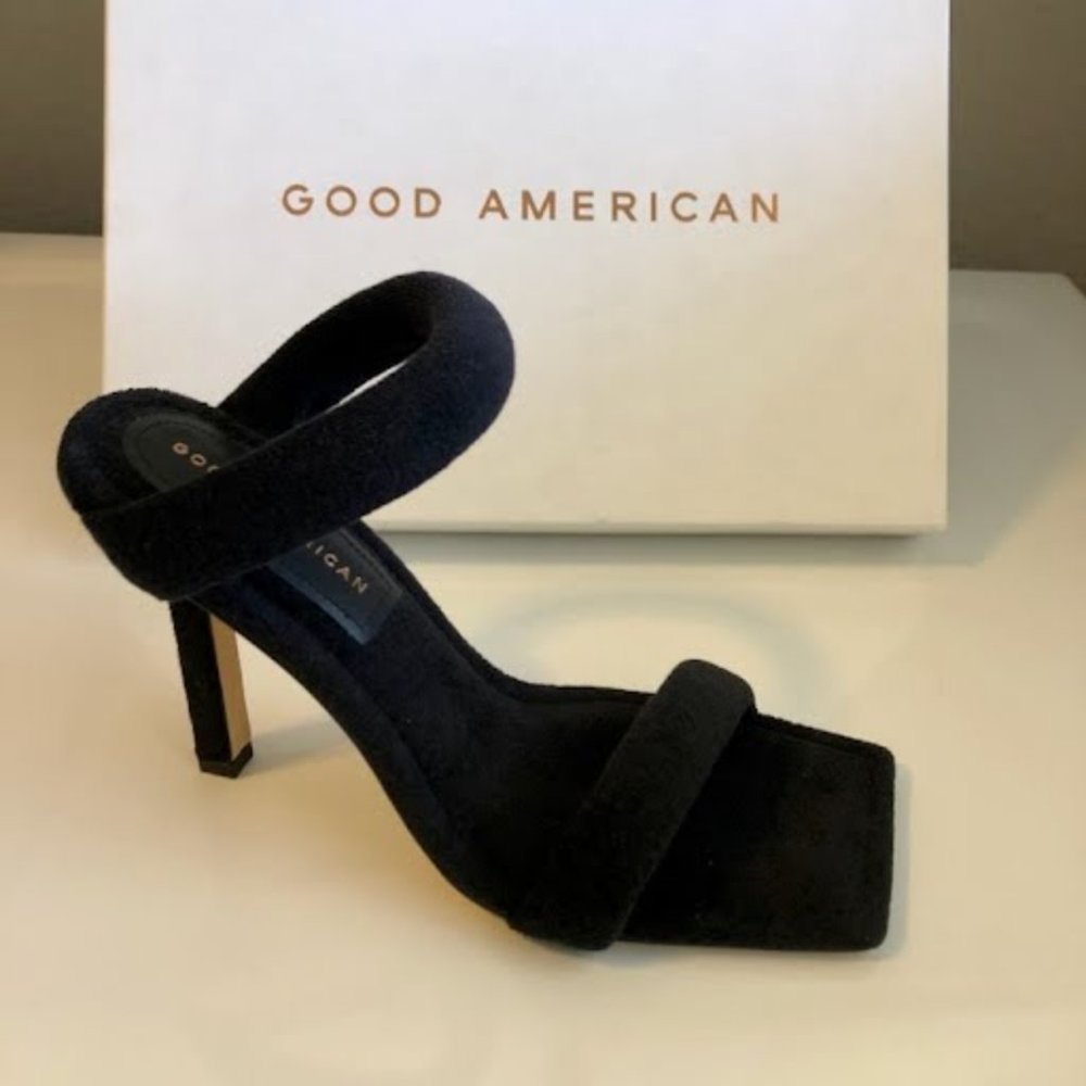 NWT GOOD AMERICAN Black & Gold Metallic Stiletto Heeled Sandal 8 MSRP $200 - Picture 4 of 8
